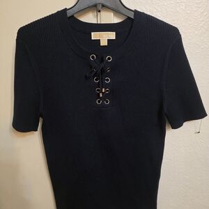 Michael Kors Navy Ribbed Lace-Up Short Sleeve Top